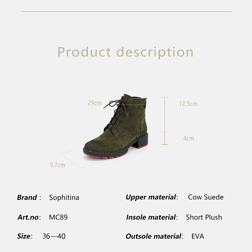 

SOPHITINA New Dark Green Cow Suede Basic Boots Solid Comfortable Med-Heel Warm Short Plush Fashion Skidproof Red Sole Boots MC89