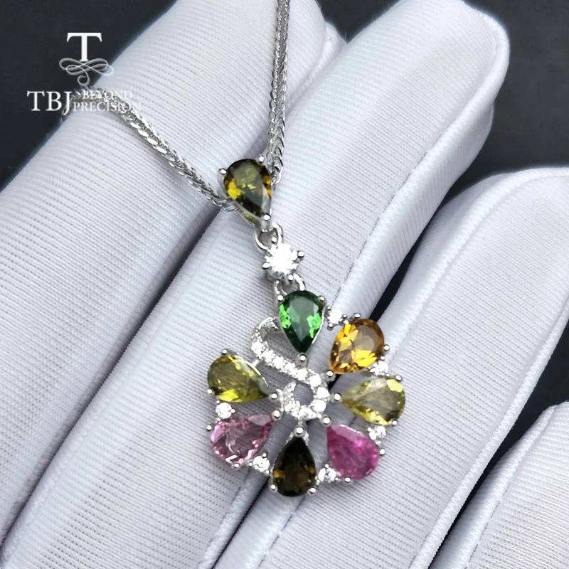 TBJ Новый красочный цветок кулон с натуральный турмалин драгоценный камень в