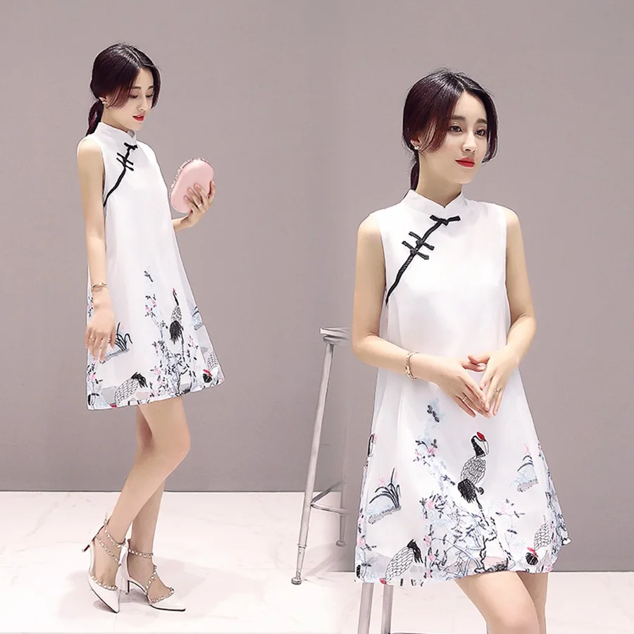 

2018 Sleeveless Women Traditional Cheongsam Dress Summer Lady Elegance Short Qipao Asian Oriental Dresses Party Costume 90