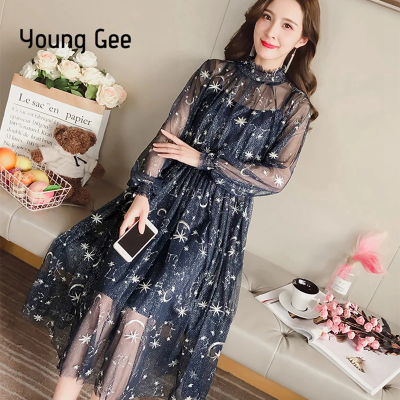 Женское кружевное платье Young Gee весенне осеннее Привлекательное с круглым