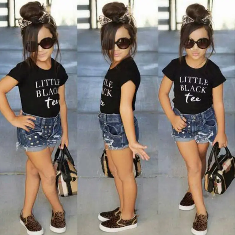 2019 детская одежда для девочек модные буквы футболка джинсы с заклепками Шорты