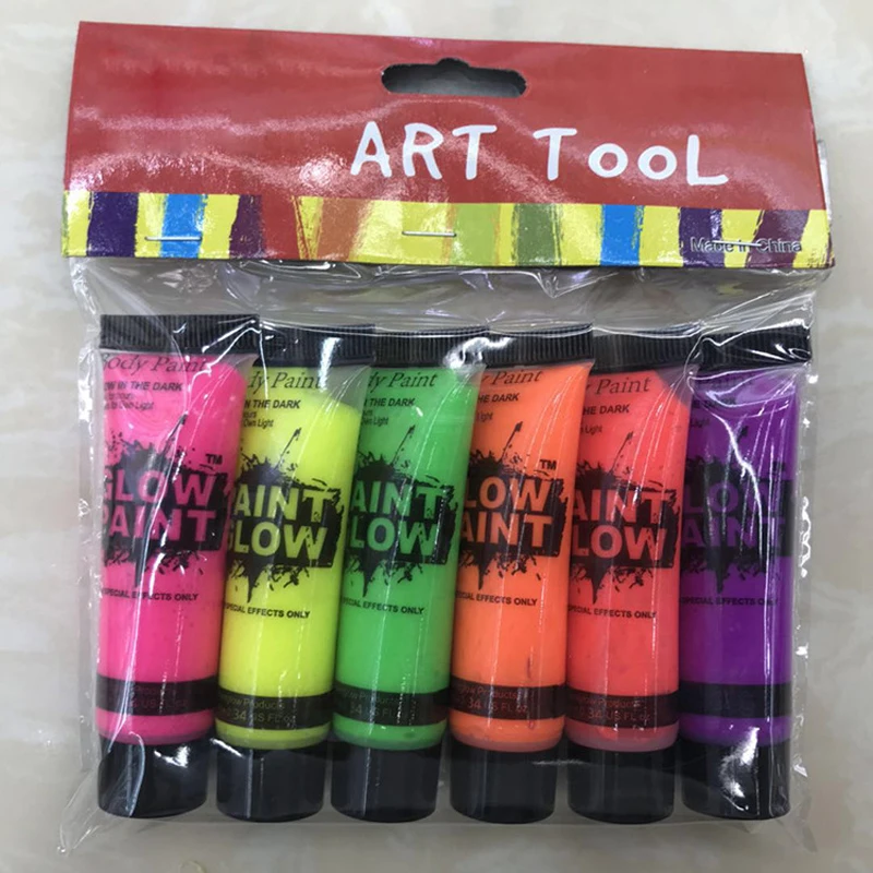 6pcs 10ml Body Face Art Paint Tool Neon Fluorescent Party Festival Halloween Cosplay Makeup Face Paint UV Glow Painting Toys Kit