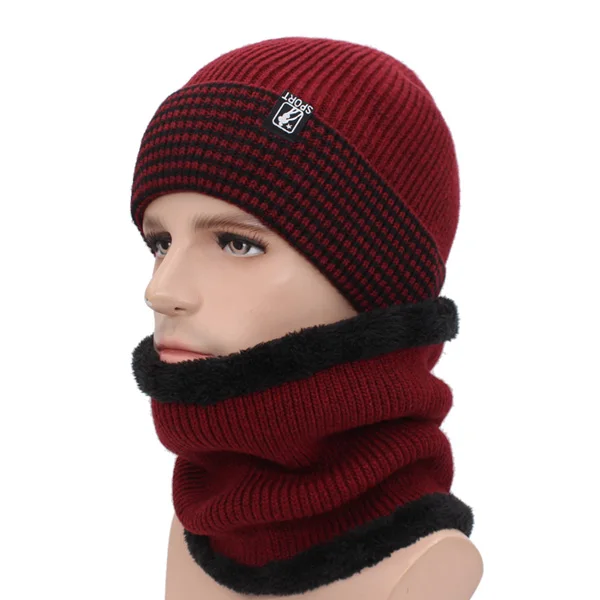 AETRUE, модная брендовая зимняя шапка, шарфы, Skullies Beanies, мужские шапки, вязаные головные уборы для мужчин и женщин, Gorras, теплые шерстяные мужские шапочки - Цвет: wine red set