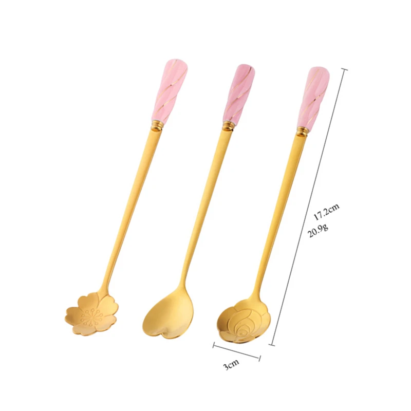 3 pcs Pink-Gold 3 шт цветок ложка набор Нержавеющая сталь Кофе ложка с длинной Керамика ручка Ice Чай десерт смешивания перемешивание ложка посуда - Цвет: 3 pcs Pink-Gold