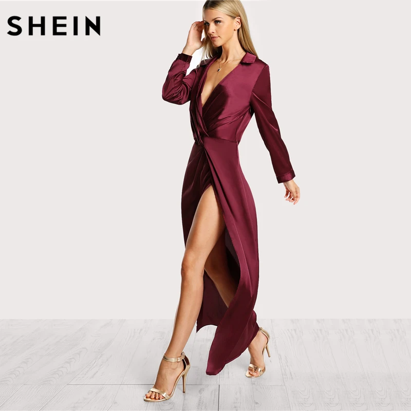 SHEIN Модное Атласное Платье На Запах С Глубоким Вырезом, Сексуальное Платье С Разрезом И Оригинальной Отделкой