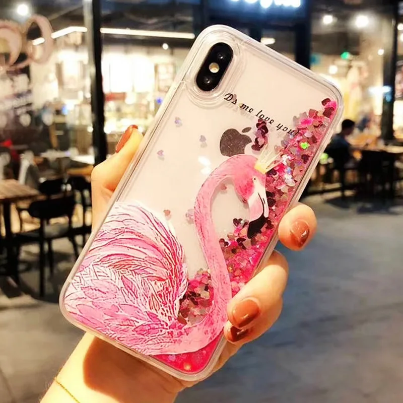 2018 Fashion Exquisite Shining Summer Flare Sequin Glitter Liquid Quicksand pink Flamigo Phone case For Iphone 6splus/7p/8p/X |