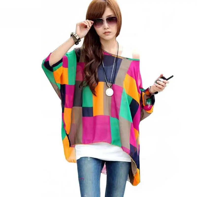 Пикантные женские шифоновые блузки печати на одно плечо перекос шеи свободные