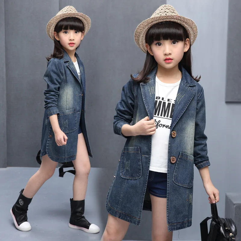 Новая Осенняя джинсовая куртка для девочек простое модное длинное пальто