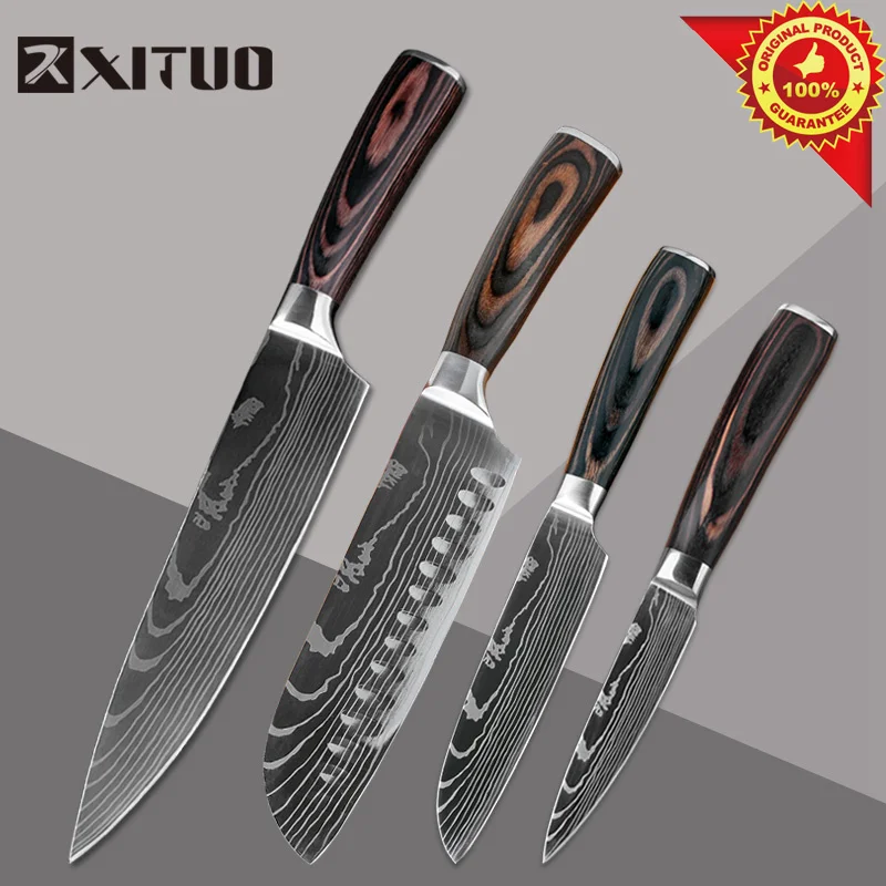 4PCS XITUO кухонный нож японский нож набор для приготовления пищи " 5" " 8" дюймов+ лазерный дамасский узор для очистки овощей плод шеф-повара нож кухонный инструмент - Цвет: 4PCS