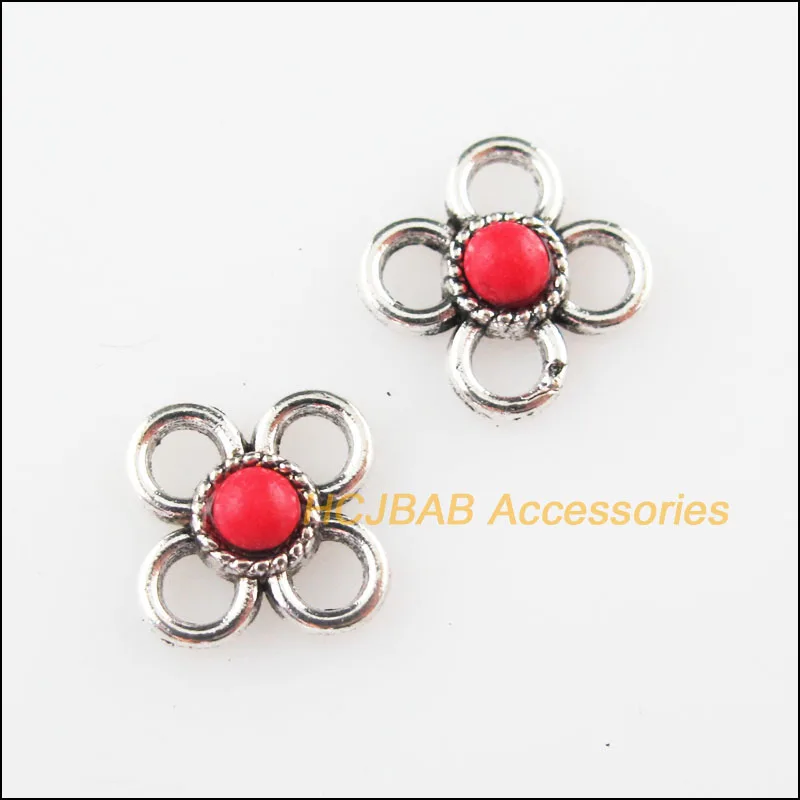 Мода 30 шт. ретро тибетский серебристый маленький цветок Красный Камень Подвески