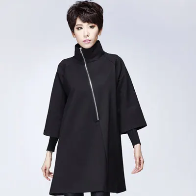 

2018 Punk Ladies Diagonal Zipper High Collar Dress Black Dark Sleeves A Word Dress Party Loose Slim Dress
