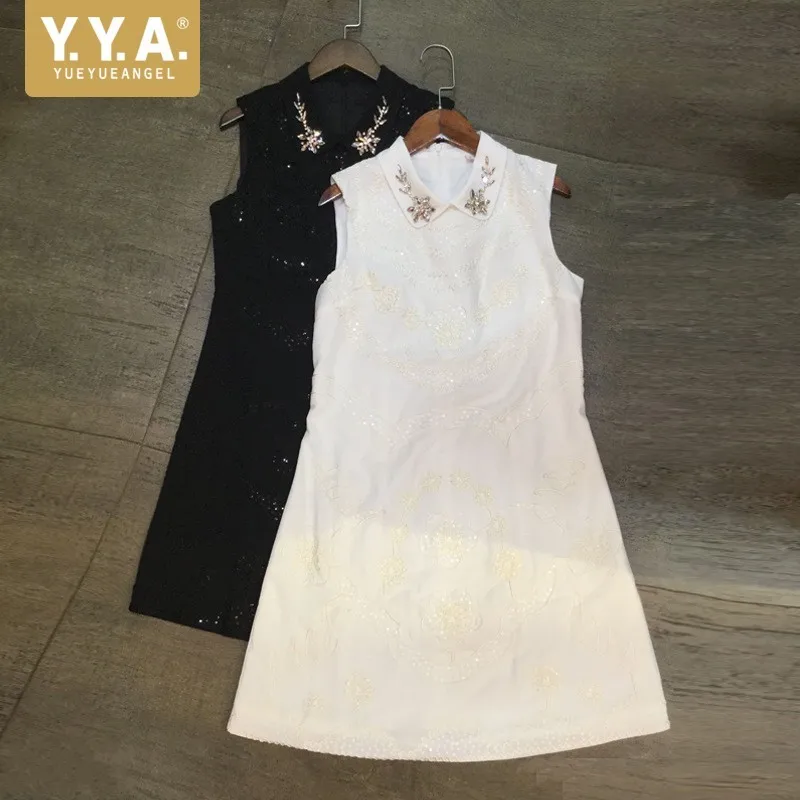 

Spring Summer New Womens Embroidery Diamonds Vest Dresses Turn Down Collar Sleeveless Fashion Streetwear Female A-Line Dresses