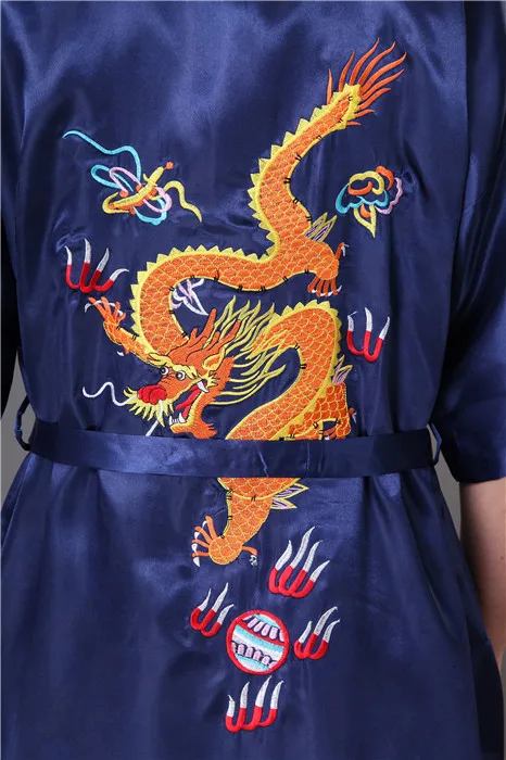 

Summer Navy Blue Men Satin Kimono Bath Robe Gown Chinese Handmade Embroidery Dragon Sleepwear Pajamas S M L XL XXL XXXL MR022