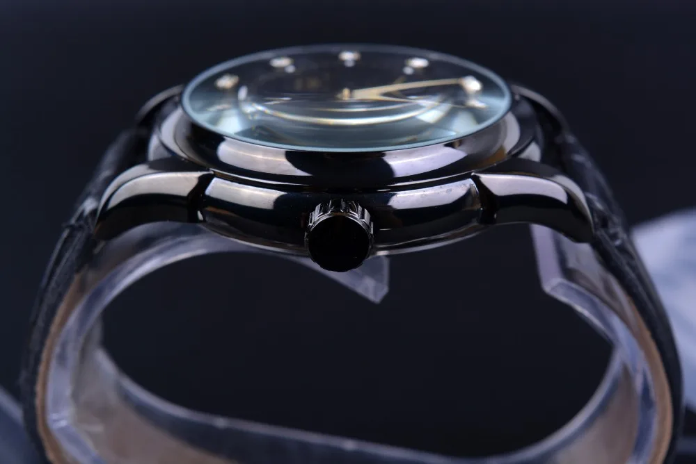 Часы скелетоны Winner Мужские автоматические дизайнерские черные и золотые со