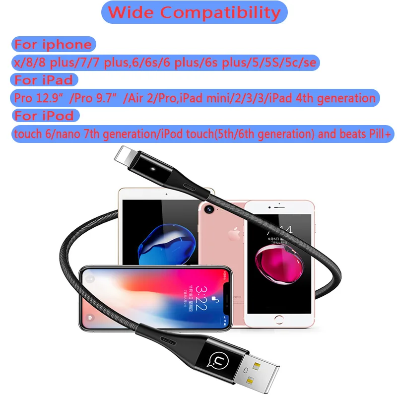 USMAS Usb кабель для iPhone X 8 7 6 6S plus 5 5S SE нейлон 2.4A быстрое зарядное устройство LED