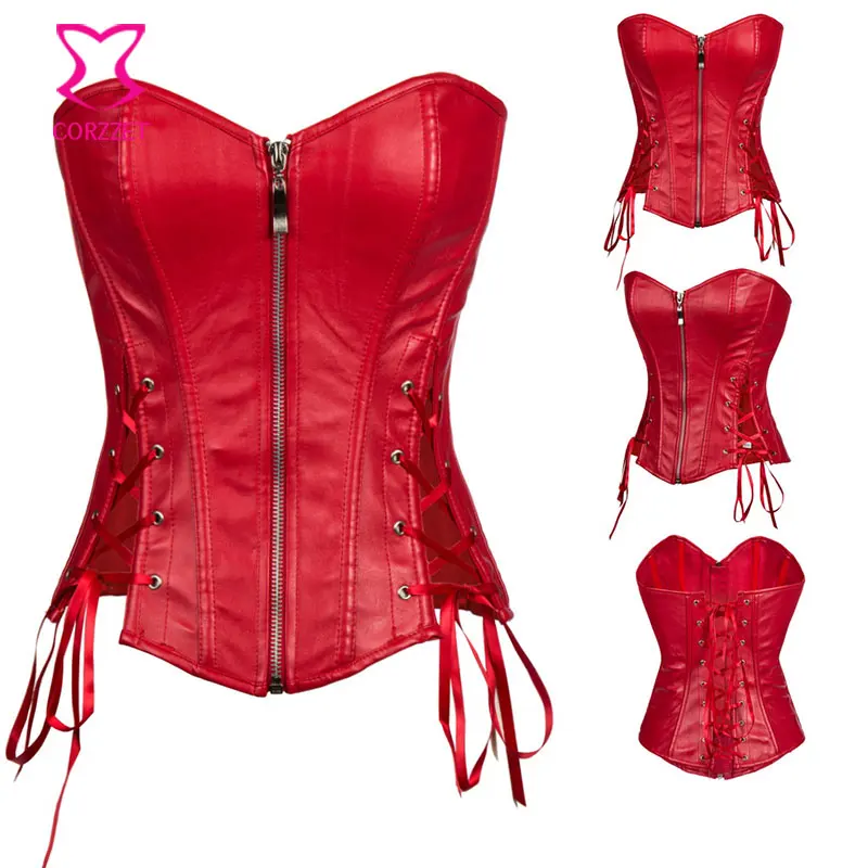 Красный корсет из искусственной кожи с боковой шнуровкой бюстье топ корсеты и в