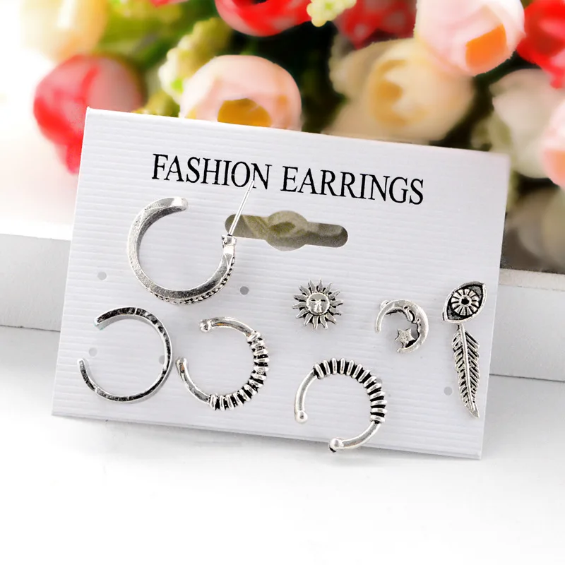 Набор богемных винтажных серег 7 шт./компл. серьги-гвоздики с перьями солнцем