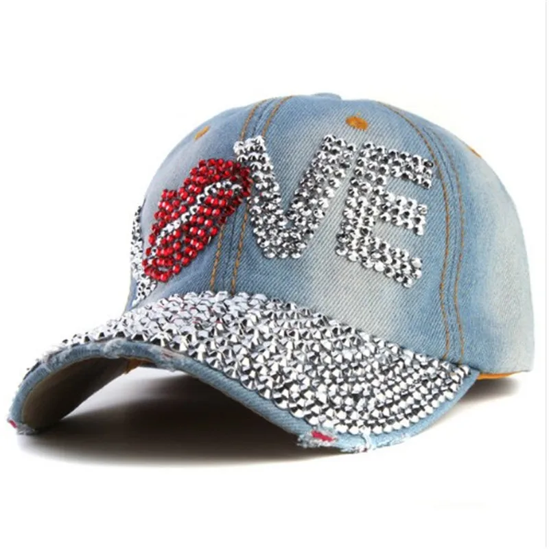 Love rhinestone crystal Hat women Denim baseball cap Vintage Female Sexy lips jean hats Point drill pearl cowboy caps RC1062