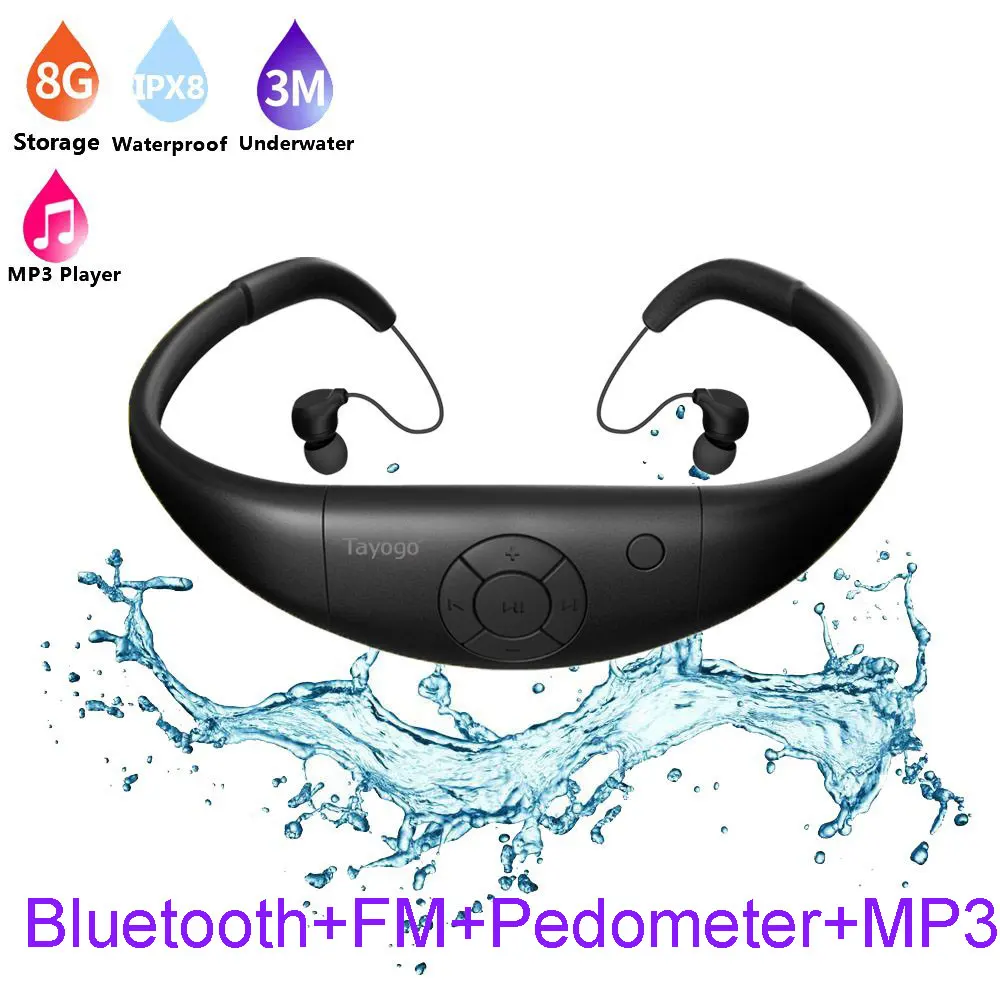 Black with bluetooth Tayogo плавательный водонепроницаемый MP3 музыкальный плеер наушники спортивные IPX8 bluetooth с fm-радио bluetooth шагомер для плавания Mp3 - Цвет: Black with bluetooth