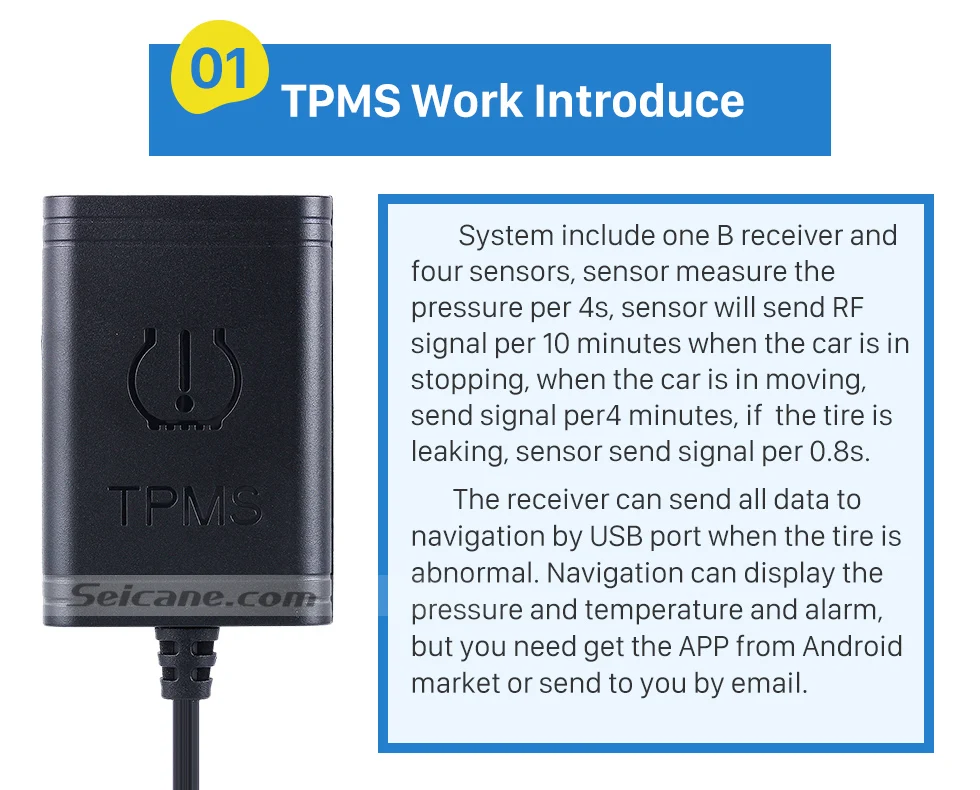 Seicane портативный автомобильный USB TPMS с 4 внутренними датчиками для Aftermarket Android радио контроль давления в шинах Автоматическая сигнализация
