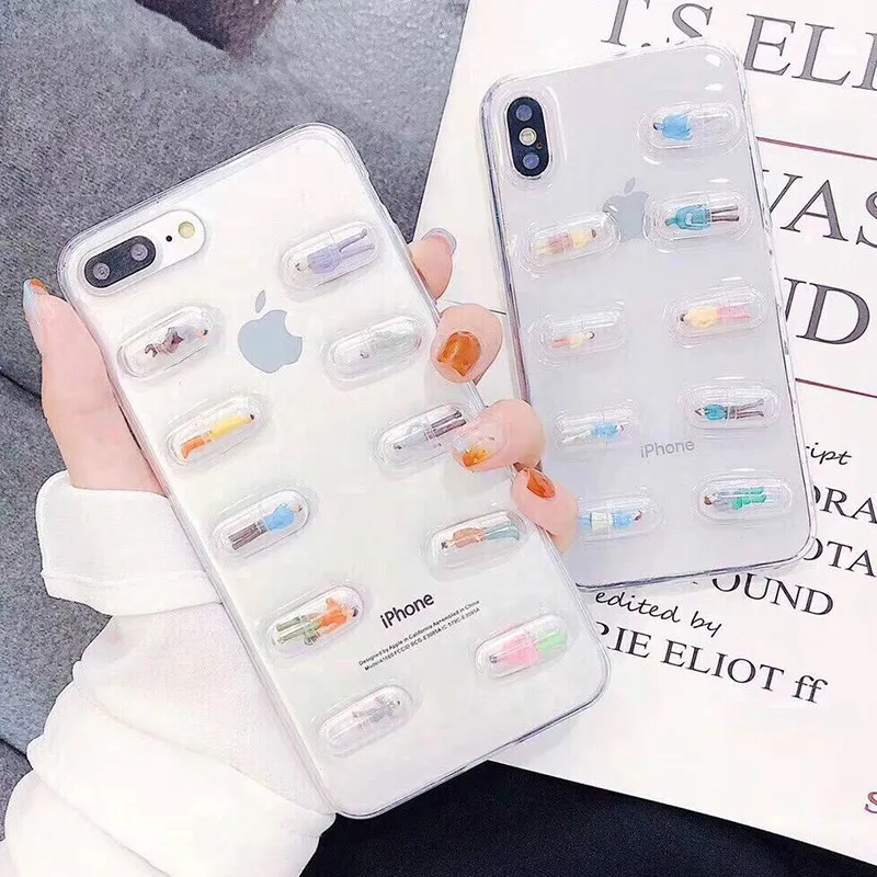 3D Cute Capsule Pills Person Phone Case For iPhone XS XR Max X 8 7 6 6S Plus Transparent Soft TPU Back Cover Cases |