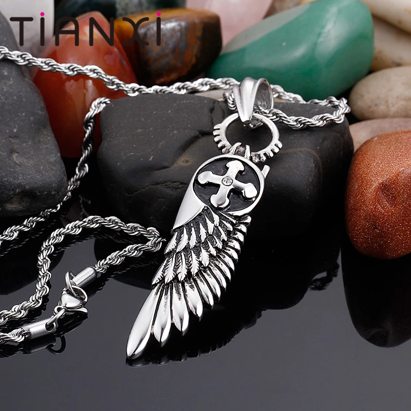 TIANXI Vintage Feather Necklace For Men Stainless Steel Cross Pendant Male Free Shipping Jewelry Boy Friend | Украшения и