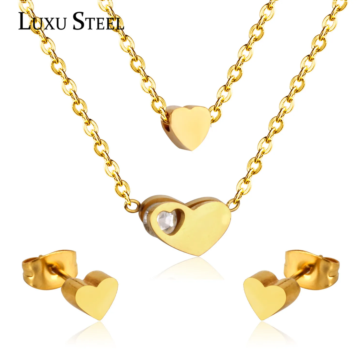 Роскошные Свадебные Ювелирные наборы с двойным сердцем подвеска ожерелье серьги