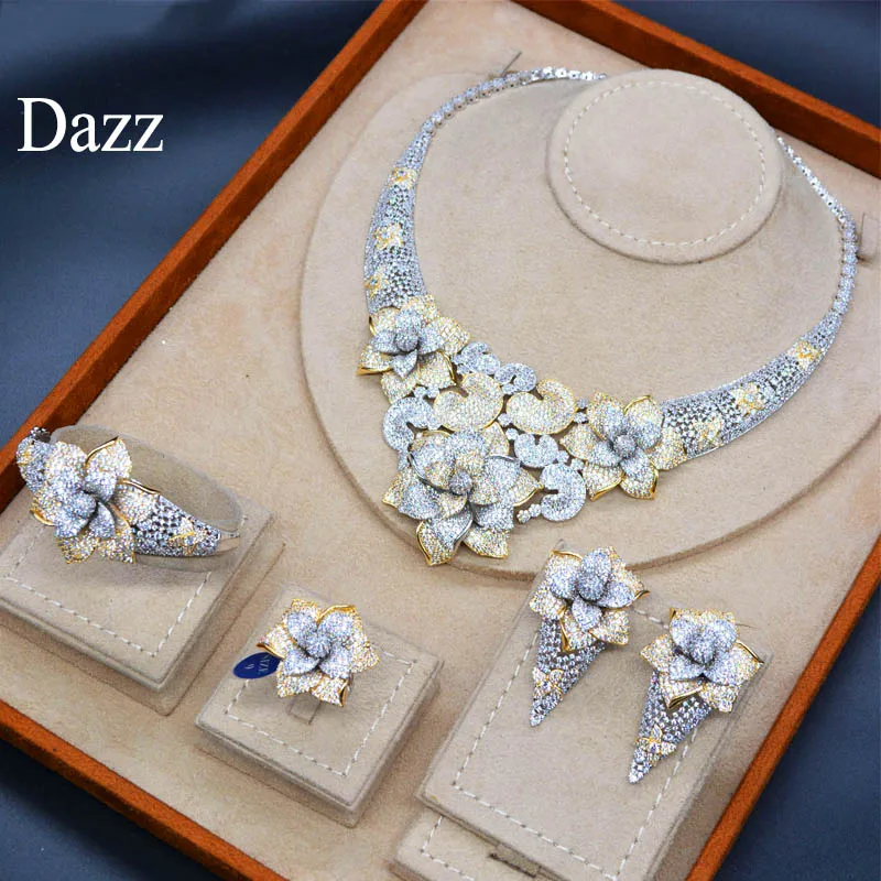Dazz Роскошный цветок CZ Циркон Африканский ожерелье Серьги Дубай Нигерия свадебный ювелирный набор для женщин невесты золотого цвета кольцо браслет - Окраска металла: sliver color