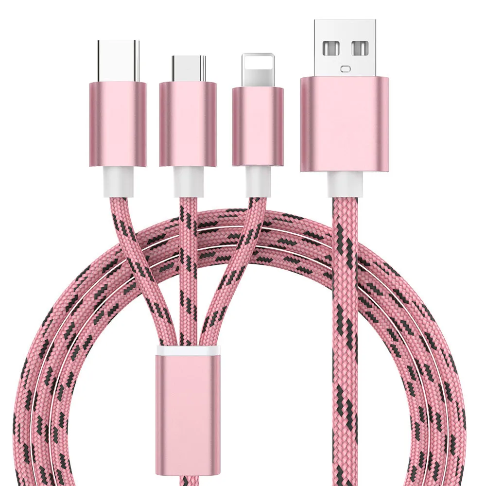 Rose Gold 3 в 1 8Pin type C Micro USB кабель для iPhone 8X7 6 6S Plus iOS 10 9 8 samsung Nokia USB кабели для быстрой зарядки нейлоновый шнур - Цвет: Rose Gold