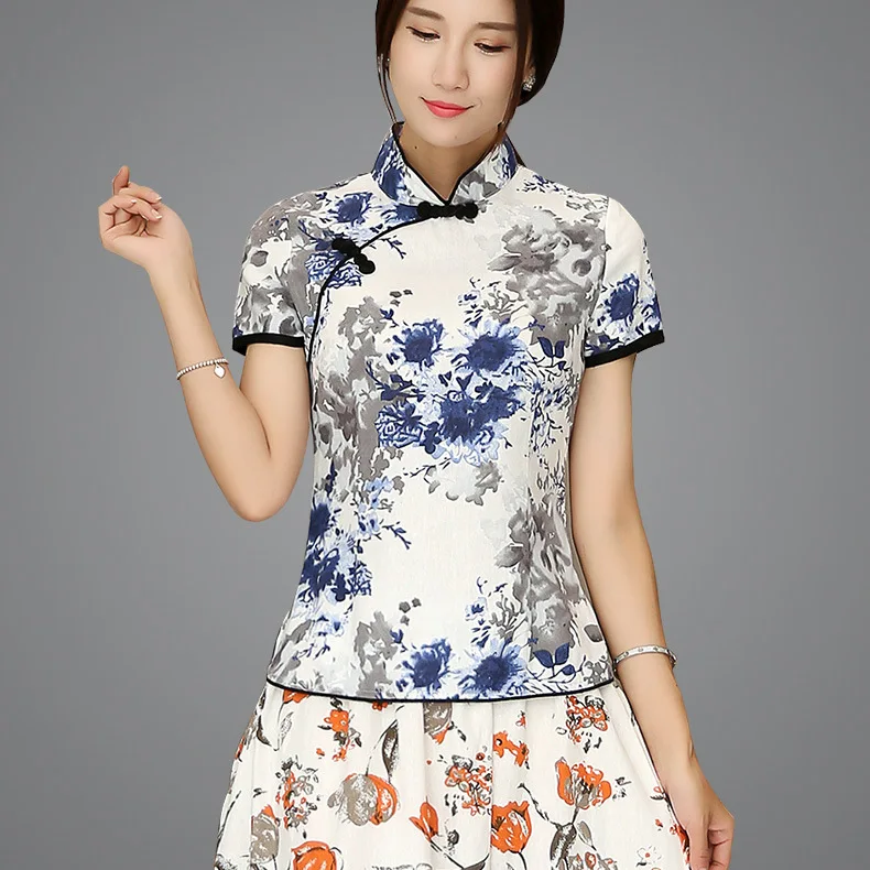 Шанхай история Мандарин воротник женская Qipao рубашка Китайский Топ короткий рукав cheongsam Топ Традиционный китайский льняная блузка