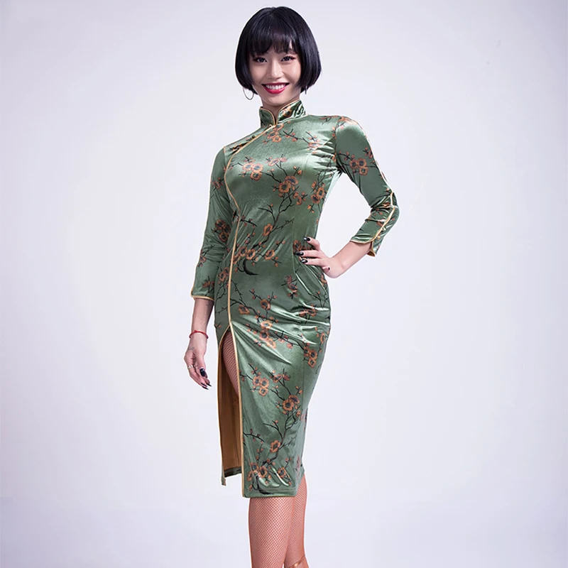 Для латинских танцев платья женщин Восточный Cheongsam с длинным рукавом Бальные