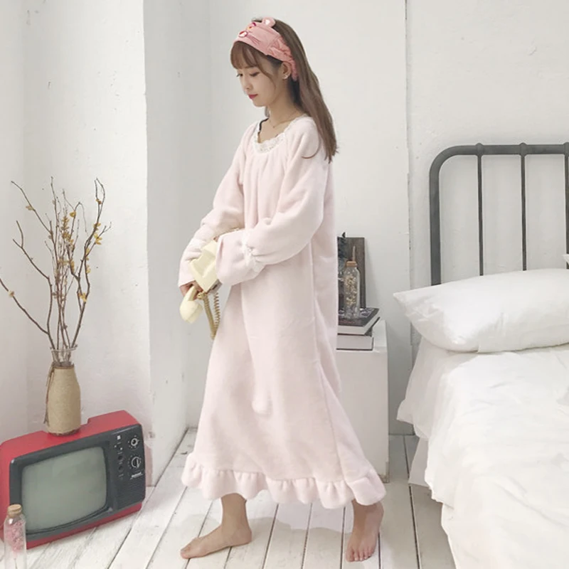 pink Женские ночные рубашки, новинка, милые, длинные, с оборками, одноцветные, плотные, теплые, мягкие, Женская домашняя одежда, корейский стиль, кружевные, с круглым вырезом, для студентов, ночные рубашки - Цвет: pink