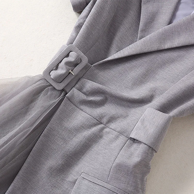 HIGH QUALITY Newest 2020 Summer Runway Dress Women's Short Sleeve Notched Collar Gauze Patchwork Asymmetrical | Женская одежда