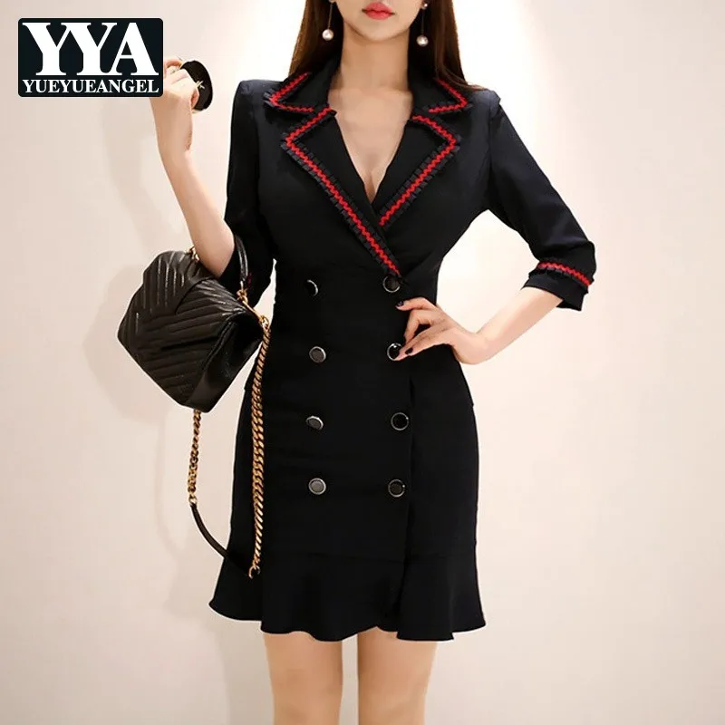 Женское офисное платье блейзер черное двубортное мини с оборками и рукавом три