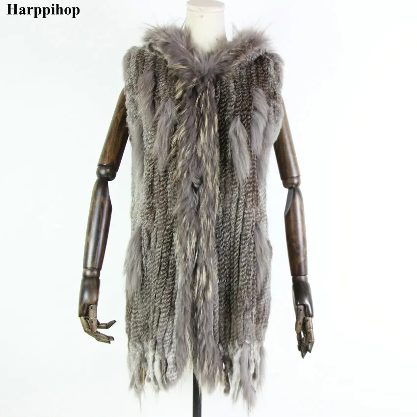 Women New Genuine Rabbit Fur Vest With Hood Fashion Raccoon Fur Collar Waistcoats Warm Natural Fur Long Gilet