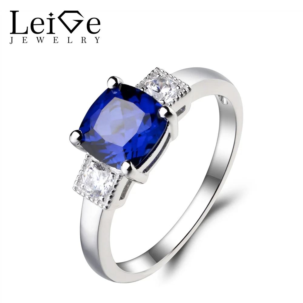 

Leige Jewelry Cushion Cut Lab Blue Sapphire Ring Promise Ring Gemstone 925 Sterling Silver September Birthstone Solitaire Ring