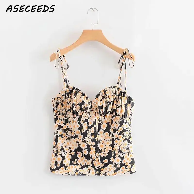 Boho Цветочный Принт укороченный Топ женский без спинки сексуальные рукавов cami