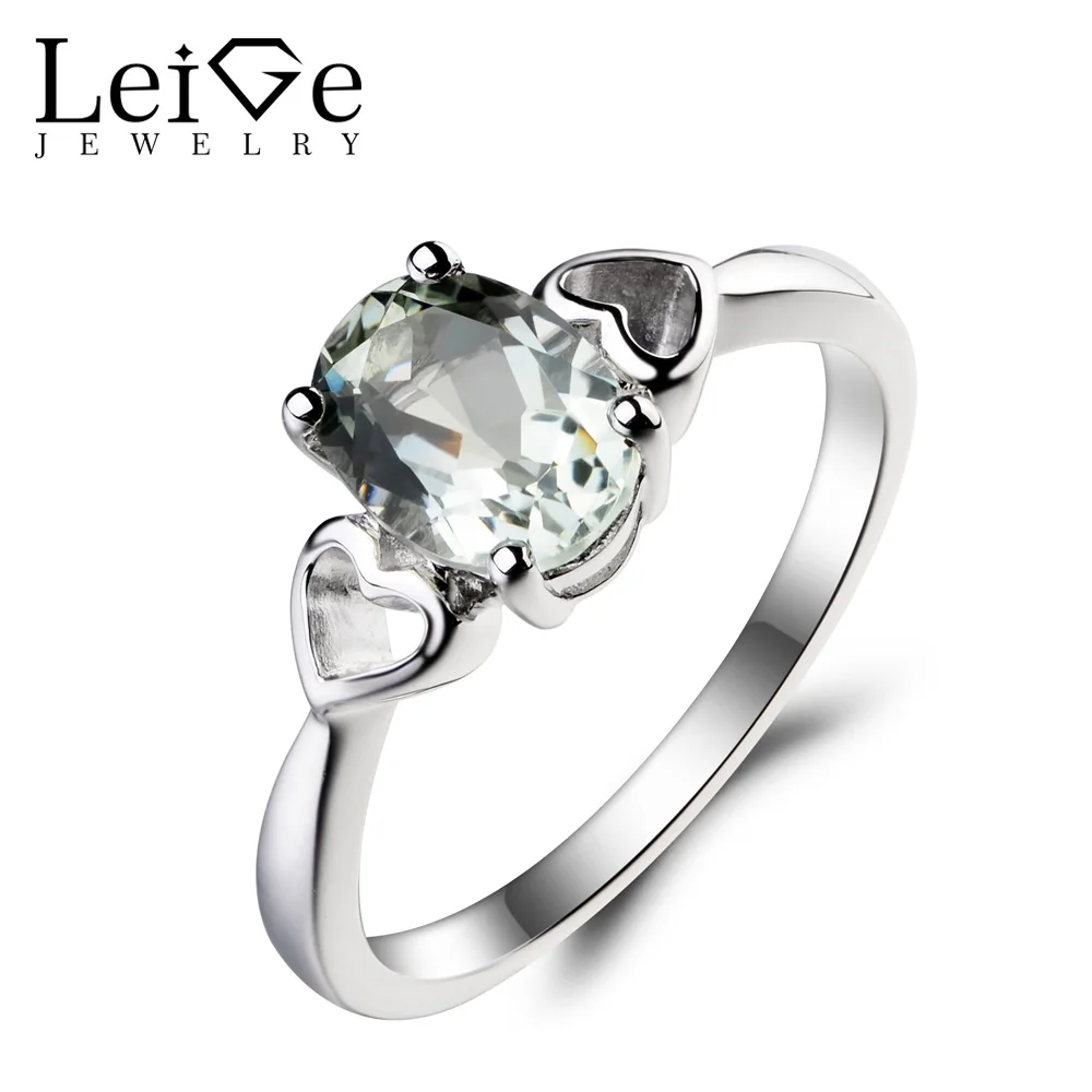 

Leige Jewelry Engagement Ring Natural Green Amethyst Ring Oval Cut Gemstone 925 Sterling Silver Ring Solitaire Ring for Women