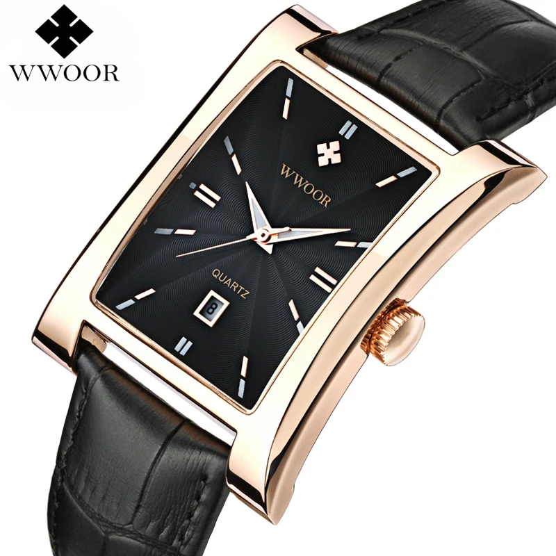 

erkek kol saati WWOOR New Brand Quartz Wristwatches Rectangle Leather Sterkek kol saatirap Watch Men relogio masculino ClocK