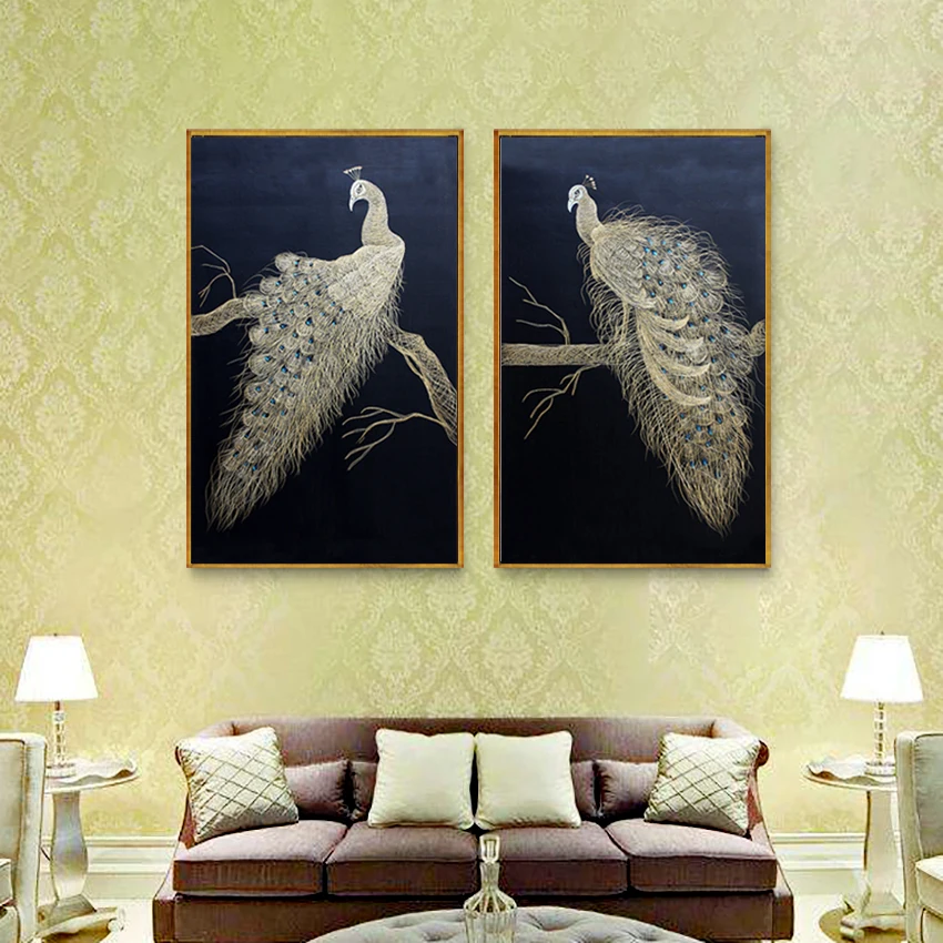 Европейская ретро картина с золотым павлином Современное украшение для дома