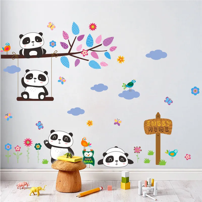 Лес панда на ветке птицы дерево цветок наклейки стену для детской комнаты