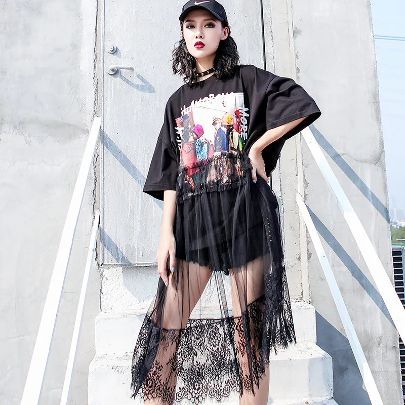 Женское длинное Сетчатое платье черное с коротким рукавом и мультяшным принтом