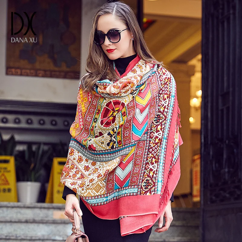 Женские шарфы из 100% шерсти элегантные теплые длинные палантины с принтом