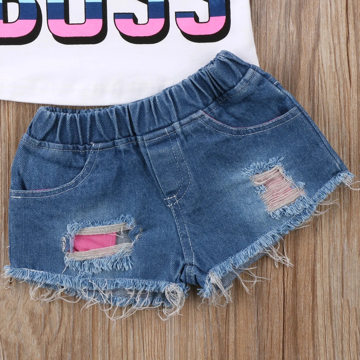 Модная одежда для девочек 2 шт. Детская Хлопковая без рукавов джинсы с короткими