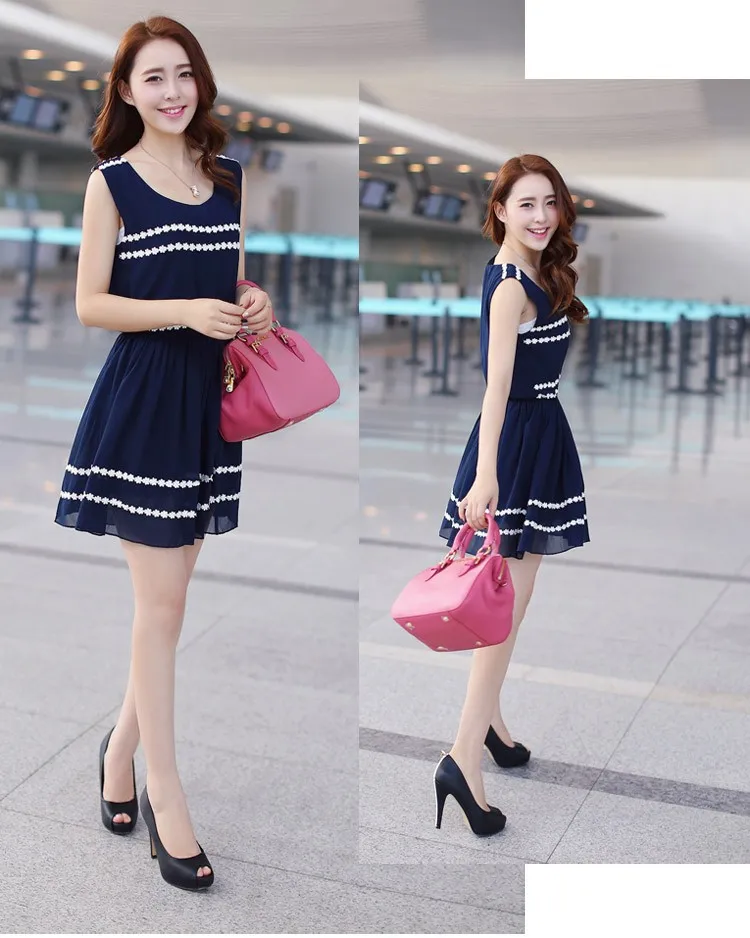 2014 new fashion EU chiffon stitching lace dress | Женская одежда