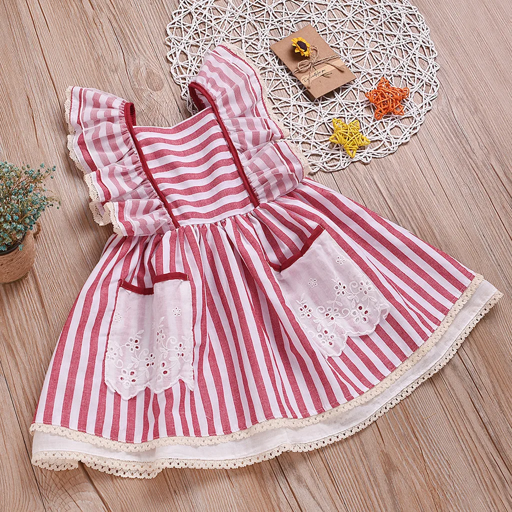 Toddler Kids Baby Girls Striped Lace Ruffled Princess Cake Pompous Party Dress Sleeveless Flower Ball Gown Kid Red | Детская одежда и