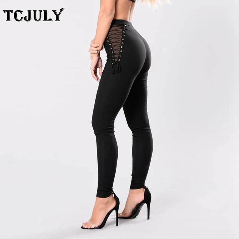 Женские облегающие брюки карандаш TCJULY черные эластичные с пряжкой в виде глаз и