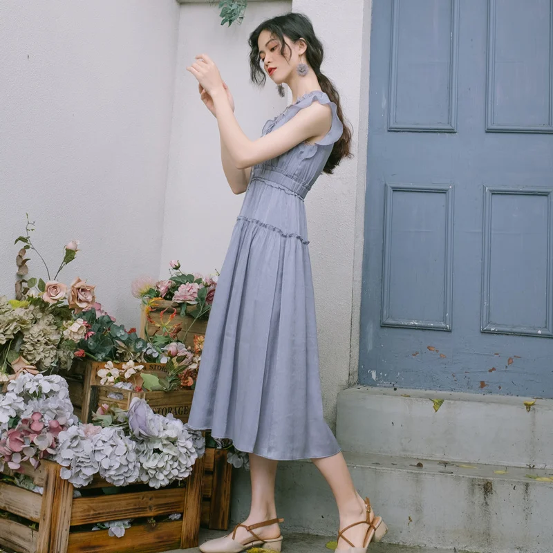 Женское винтажное платье с оборками и коротким рукавом однотонное шифоновое