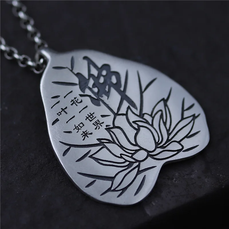 C&R Real 990 Sterling Silver pendant Necklace Buddhism Words Bodhi Leaf tag Pendants Thai Silver Retro Fine Jewelry