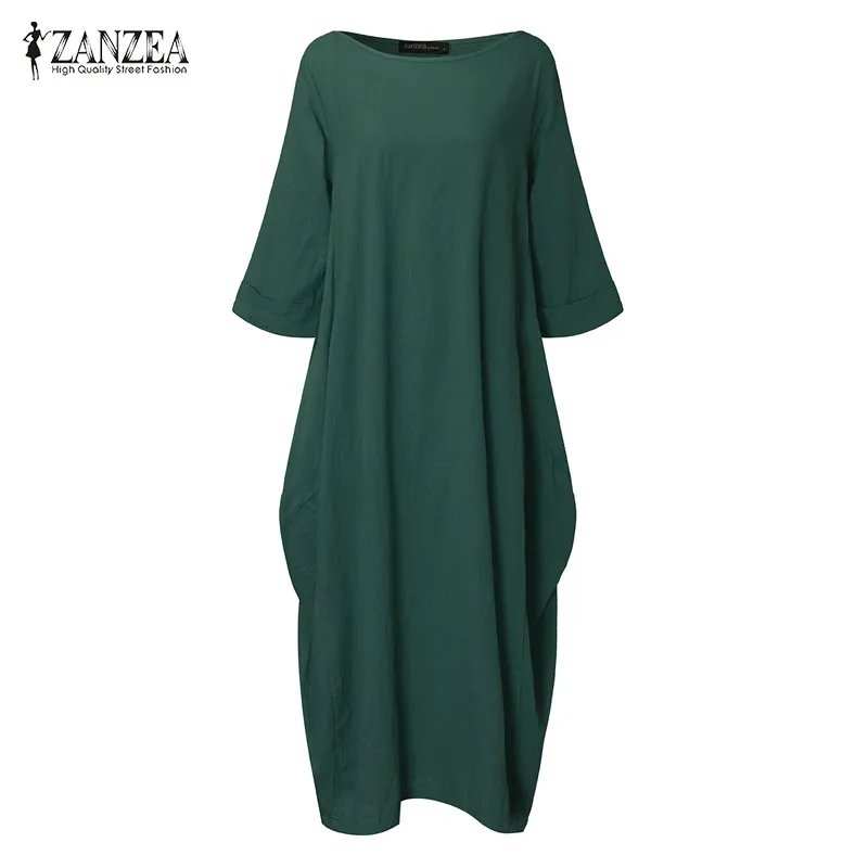 ZANZEA, женское платье с круглым вырезом и рукавом 3/4, мешковатые, макси, длинные, повседневные, свободные, вечерние, платье-рубашка, кафтан, льняное, однотонное, платье размера плюс
